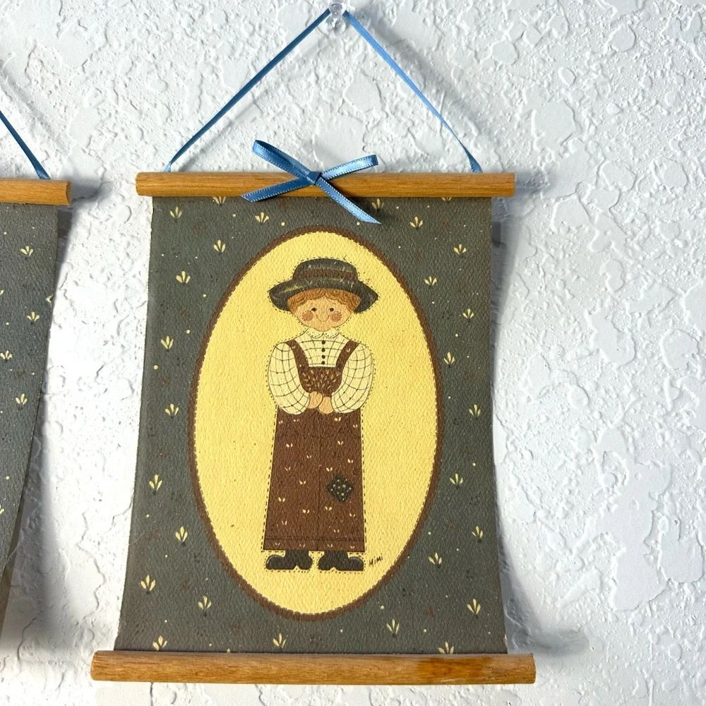 Vintage Folk Art Hanging Watercolor Paper Tile Art By Artist Mimi